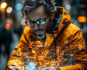 Visionary Architect Sketching Glowing Urban Layout on Digital Tablet