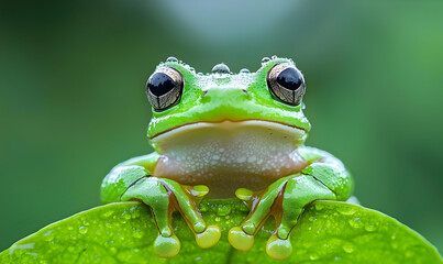 Obraz premium Close-Up of Green Frog Sitting on Leaf with Water Droplets