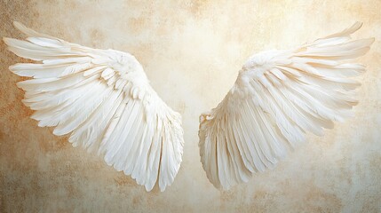 Beautiful white angel wings on a soft background, symbolizing purity, freedom, and spirituality in artistic design