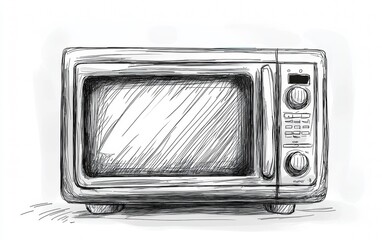 Sketch of a microwave oven showing simple lines and details, emphasizing its features and functionality in a kitchen context