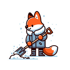 Fox snow shoveler in winter clothes clearing sidewalk. Vector illustration for seasonal animal labor, wildlife winter maintenance, or cute snowy service concepts.