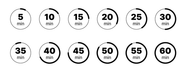 Timer, clock, stopwatch isolated set icons. Countdown timer symbol icon set. Label cooking time. Vector illustration