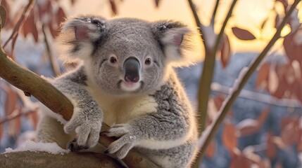 Obraz premium Adorable koala in a winter wonderland. Fluffy, grey marsupial in snowy branches