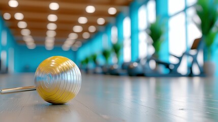 Abstract Gold and Silver Textured Sphere in Modern Gym Setting