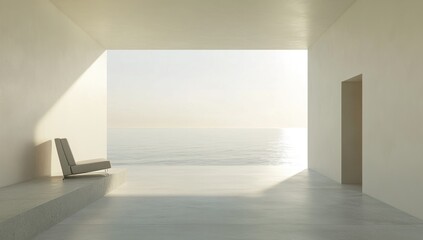 Minimalist room with ocean view, sunlight, chair.