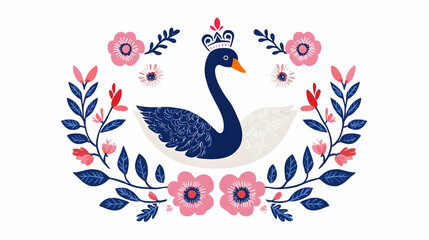Obraz premium Elegant Swan Surrounded by Floral Elements and Decorative Accents
