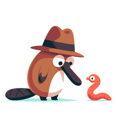 Fototapeta premium Platypus detective investigating with earthworm witness. Vector illustration perfect for mystery solving and wildlife crime stories for children.