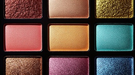 Fototapeta premium Colorful eyeshadow palette close-up with shimmer shades. Perfect for professional makeup, beauty, and cosmetic enthusiasts.