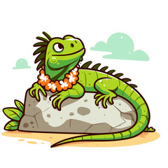 Obraz premium Iguana relaxing on rock wearing tropical flower lei. Vector illustration perfect for vacation themes and exotic reptile character design.