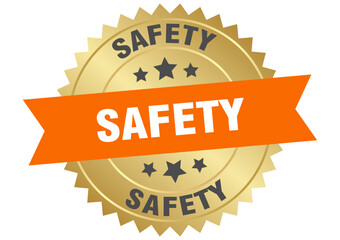 safety. safety round orange and gold label isolated on transparent background