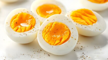 Sliced and whole hard boiled eggs on white