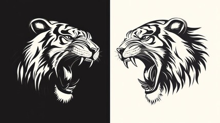 Two black and white tiger head graphic art prints, roaring, side by side, one on a black background and the other on a white background..