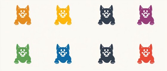 Eight colorful dog icons in various colors orange, yellow, dark blue, purple, green, light blue, dark gray, and red, suitable for websites, apps, and presentations.