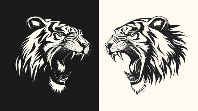 Two black and white tiger head graphic art prints, roaring, side by side, one on a black background and the other on a white background..