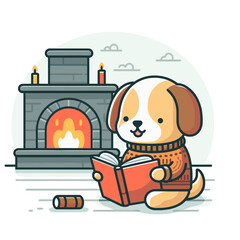Dog reading book by fireplace in orange sweater. Vector illustration perfect for cozy reading corners and winter leisure activity themes.
