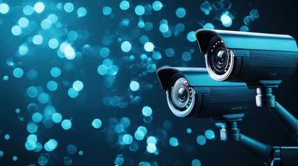 Surveillance and Security Futuristic interface displaying live surveillance feeds from multiple cameras, representing security monitoring, data analysis, and threat detection.