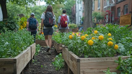 Hikers walk past vibrant community garden.