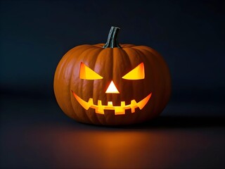 Fototapeta premium Creepy smile Jack-o'-lantern pumpkin on dark solid background. Glowing eyes and a terrible grin. Halloween minimal concept