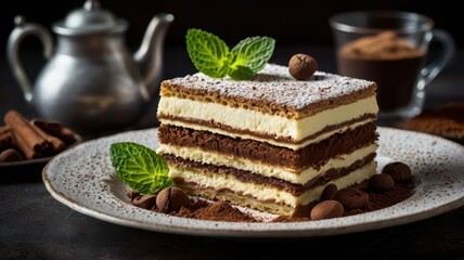 A plate of classic Italian tiramisu, layered with mascarpone cheese and coffee-soaked ladyfingers, dusted with cocoa powder. A fresh mint leaf on top adds a refreshing touch. The plate is surrounded b