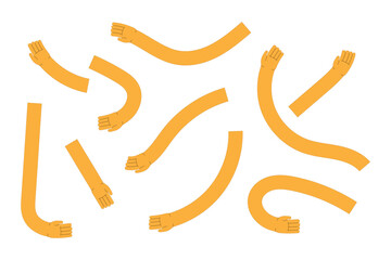 Comic flexible hands. Long color arms, curved limbs holding different elements, various finger gestures, signs and symbols. Thumb finger up and ok. Tidy vector cartoon flat isolated set in eps 10.