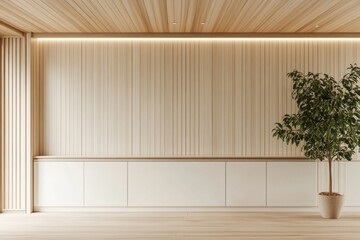 Minimalist room with wood wall, plant, and cabinets.