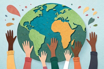 Diverse Hands Lovingly Embracing A Vibrant Earth, Symbolizing Global Unity And Shared Hope In A Playful, Textured Art Style