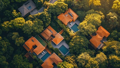 Obraz premium Aerial View of Modern Tropical Houses Surrounded by Lush Green Trees in a Serene Neighborhood During Golden Hour with Vibrant Rooftops and Pools