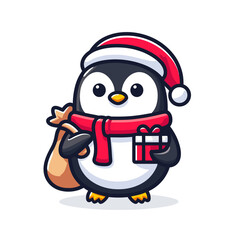 Obraz premium Penguin in Santa outfit with gift bag and present. Vector illustration perfect for Christmas cards and winter holiday promotional content.