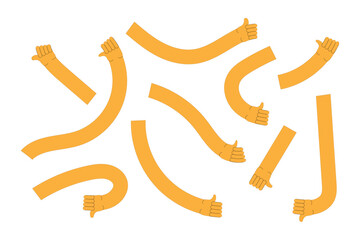 Comic flexible colorful long hands showing different gesture design elements in groovy hippie style in eps 10.