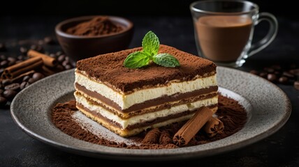 A plate of classic Italian tiramisu, layered with mascarpone cheese and coffee-soaked ladyfingers, dusted with cocoa powder. A fresh mint leaf on top adds a refreshing touch. The plate is surrounded b