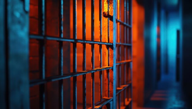 Moody prison corridor with bars illuminated by dramatic blue and orange lighting.