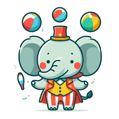 Elephant circus performer juggling colorful balls. Vector illustration perfect for entertainment events and carnival character design concepts.