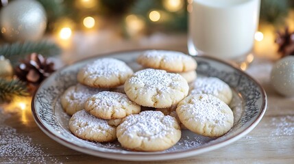 Soft baked holiday sugar cookies plate of warm sugar cookies with powdered sugar dusting next to a glass of milk