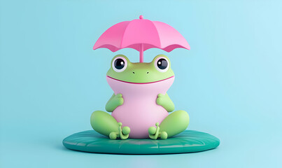 Obraz premium Cute Cartoon Frog Sitting Under Pink Umbrella on Tropical Leaf