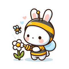 Obraz premium Bunny bee keeper with flower and honey bee. Vector illustration perfect for spring pollination themes and nature conservation character design.