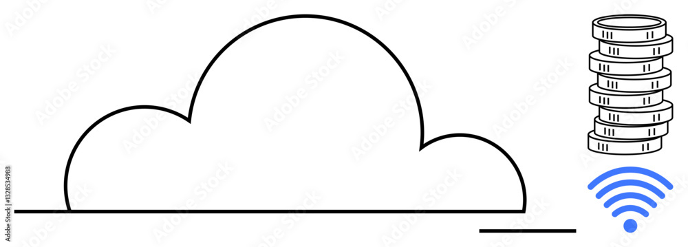 Poster cloud outline and vertical data stack with a wireless symbol. ideal for cloud computing, data storag