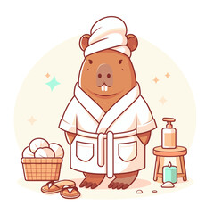 Beaver in bathrobe looking relaxed standing in spa with bath accessories and copy space