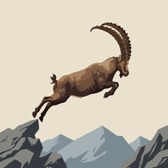 Alpine Ibex Jumping Between Rocky Peaks in a Mountain Landscape