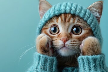 Cute kitten in a cozy sweater poses playfully against a soft blue background, showcasing big eyes and fluffy paws