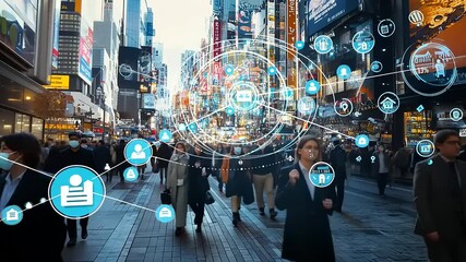 Busy urban street in Times Square with people walking, digital overlays of icons representing connectivity - Powered by Adobe