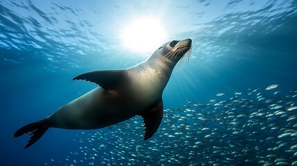 Obraz premium Majestic Sea Lion Underwater Encounter: A Breathtaking Ocean Scene