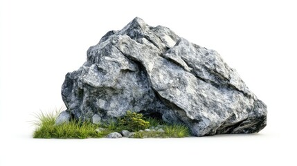 Large gray rock with grass and small plants at base, isolated on white background.