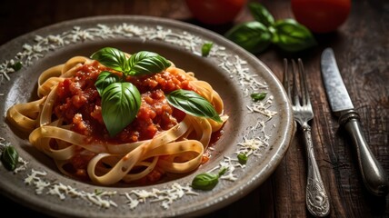 A plate of fettuccine pasta covered in rich tomato sauce, garnished with fresh basil leaves and grated Parmesan cheese. The plate sits on a rustic dark wooden table with fresh tomatoes, garlic, and ba