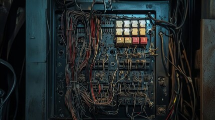 The reverse side of the electrical switchboard. The connected wires are tied with plastic ties.