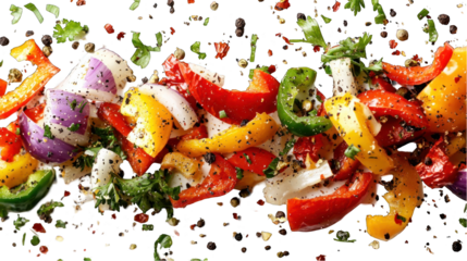 Colorful sliced vegetables with herbs on a table