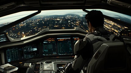 Astronaut piloting spaceship overlooking illuminated city at dusk