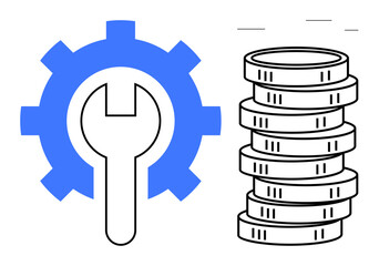 Gear with centered wrench beside a stack of coins, symbolizing financial repair, economic strategy, business efficiency, investment planning, cost management, service improvement, economic growth