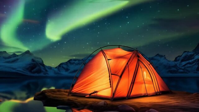 Zeltlager unter leuchtendem Polarlicht in der Wildnis