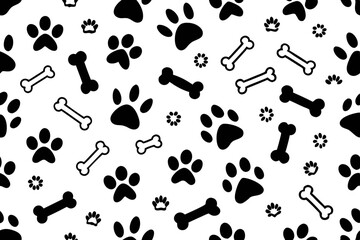 Seamless Dog Bone and Paw Print Pattern in Black and White &ndash; Pet-Themed Vector Background