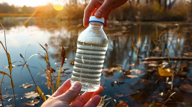 Hand h&auml;lt eine Wasserflasche &uuml;ber einem klaren Teich